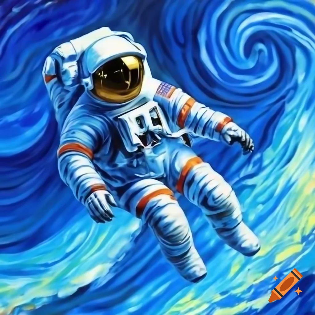 Unique astronaut floating in space painted in vibrant blue hues inspired by Van Gogh