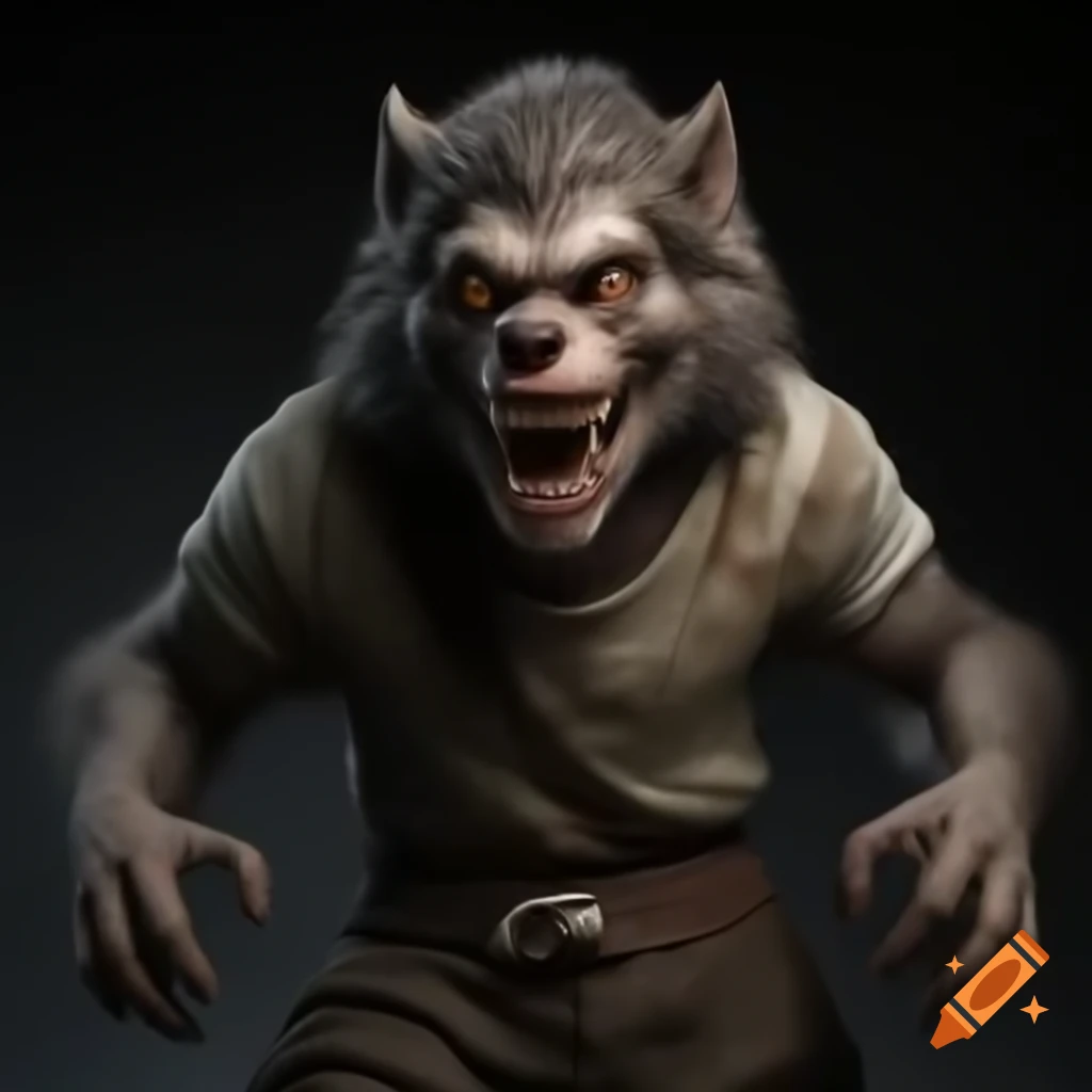 Highly detailed young happy werewolf in tattered Medieval attire