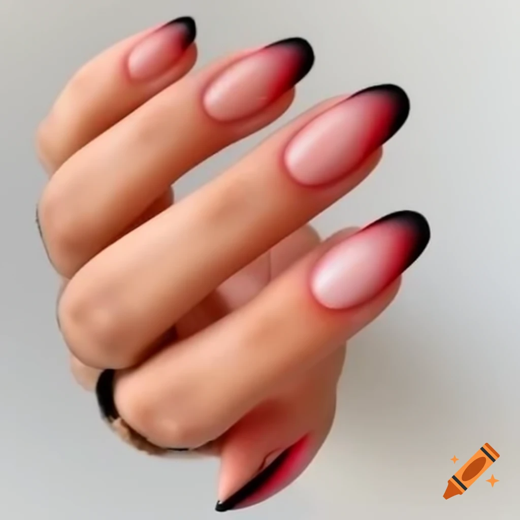 Ombre round nails featuring black to red gradient with clear tips