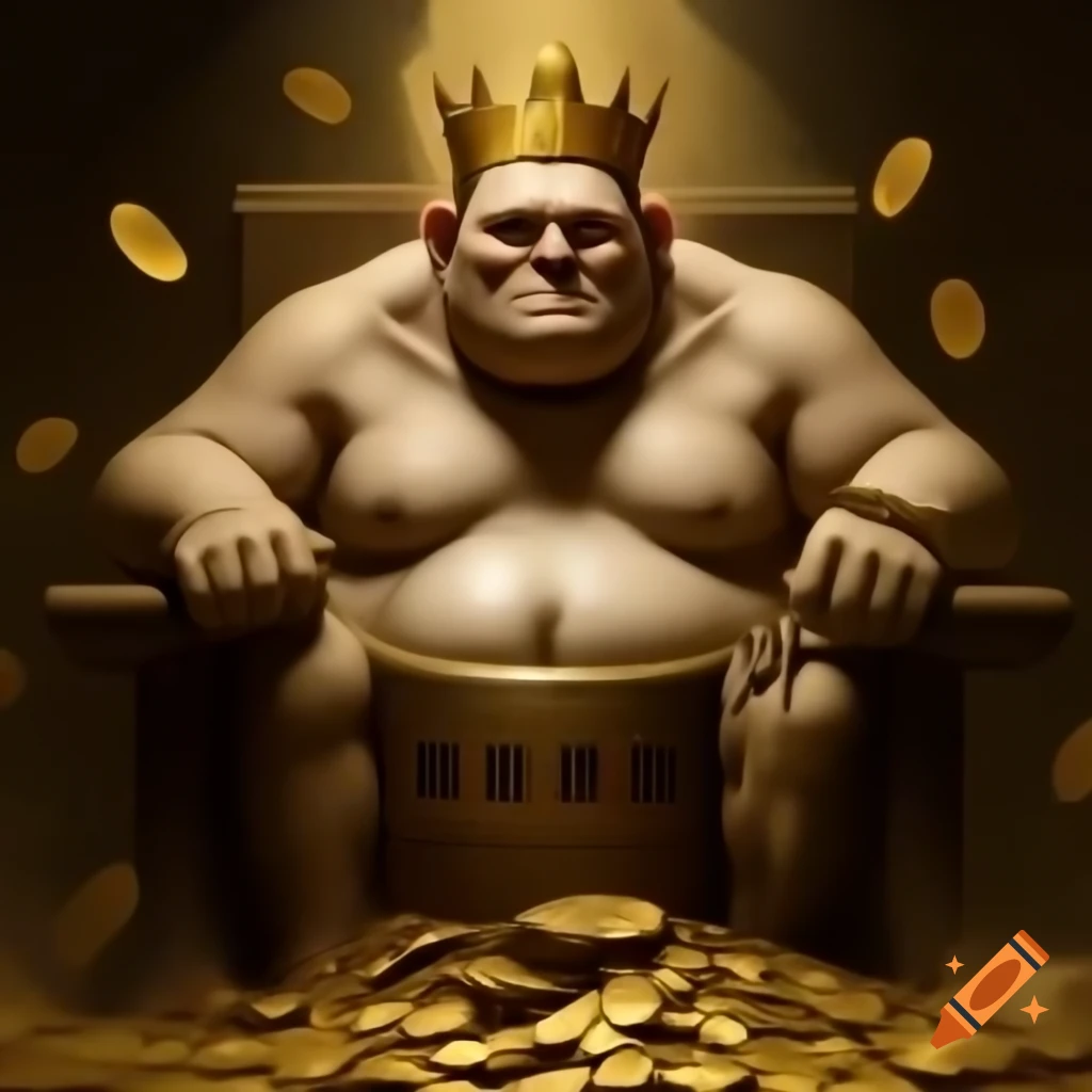 Colossal man in golden crown sitting on treasure chair surrounded by gold and jewels