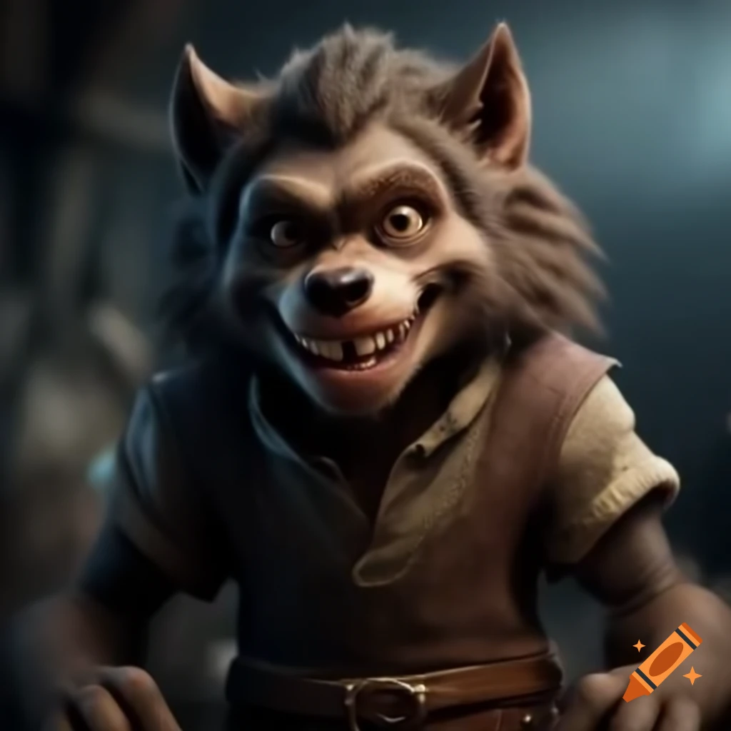 Highly detailed young happy werewolf in tattered Medieval attire