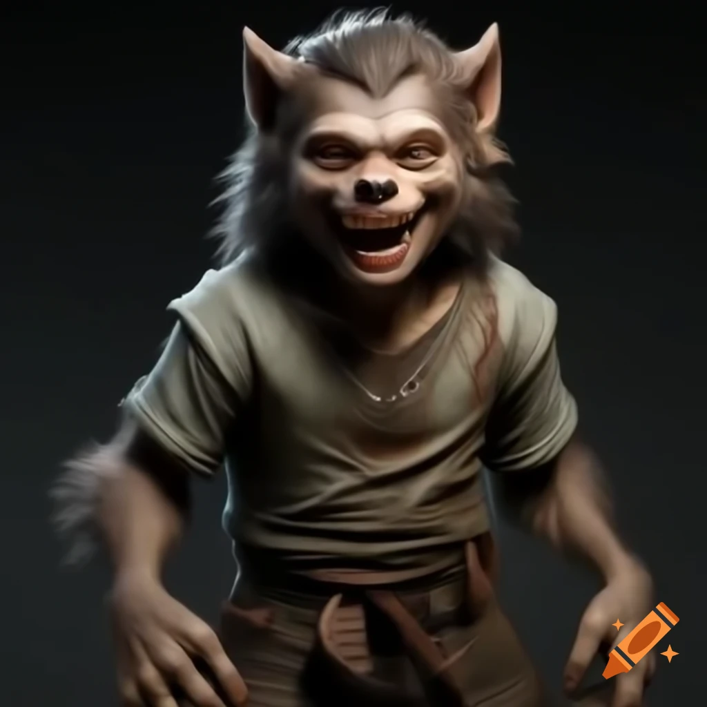 Detailed young happy werewolf in tattered Medieval attire