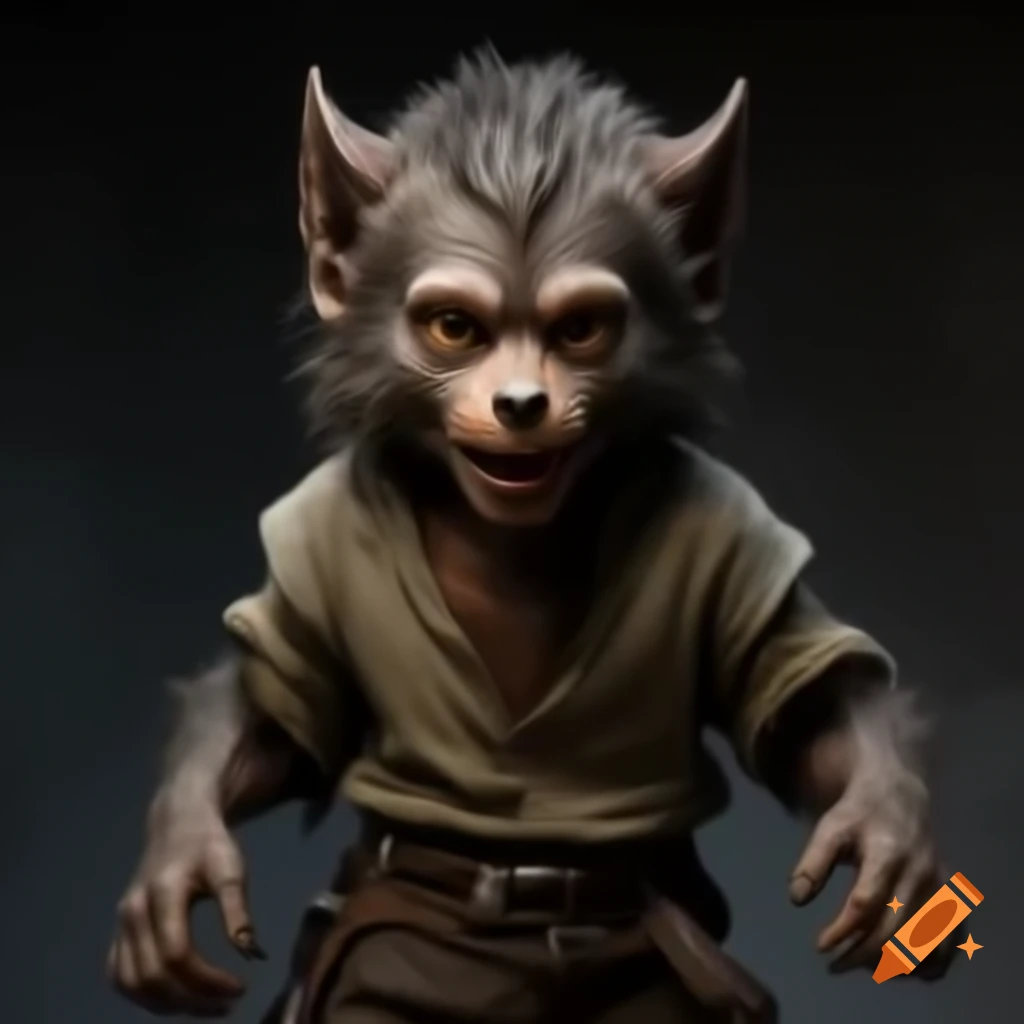 Detailed young werewolf in tattered Medieval attire, full figure