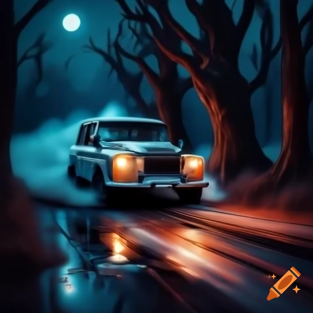 Ghostly presence in twilight under headlights of chrome dream machine near oak trees