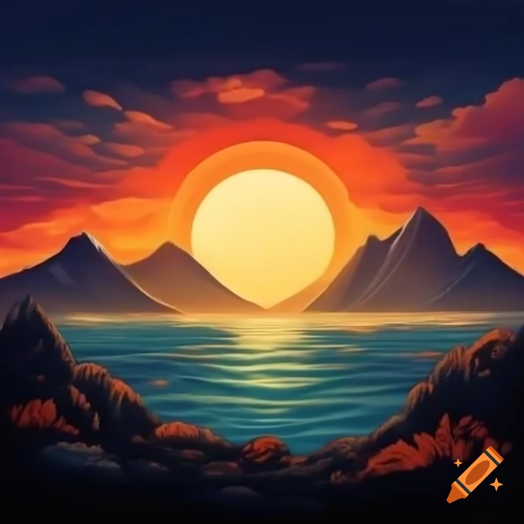 Sunset view from the sea between volcanic island peaks