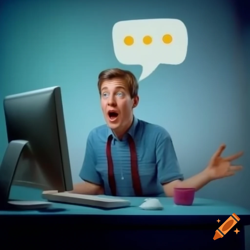 Person at computer, surprised and happy, with speech bubble expressing excitement