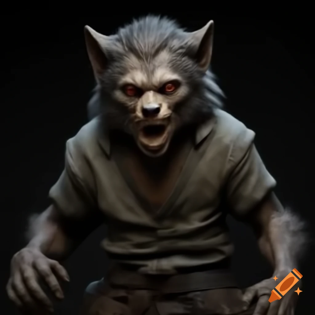 Detailed young werewolf in tattered Medieval attire, full figure