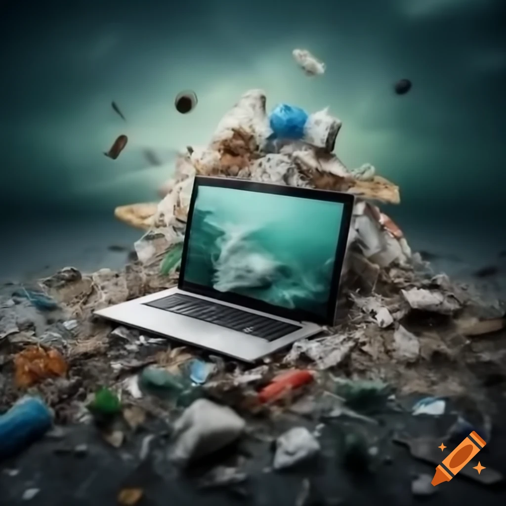 Laptop discarded in landfill surrounded by toxic waste and pollution