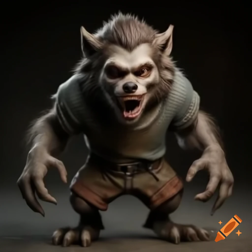 Highly detailed young happy werewolf in tattered Medieval attire