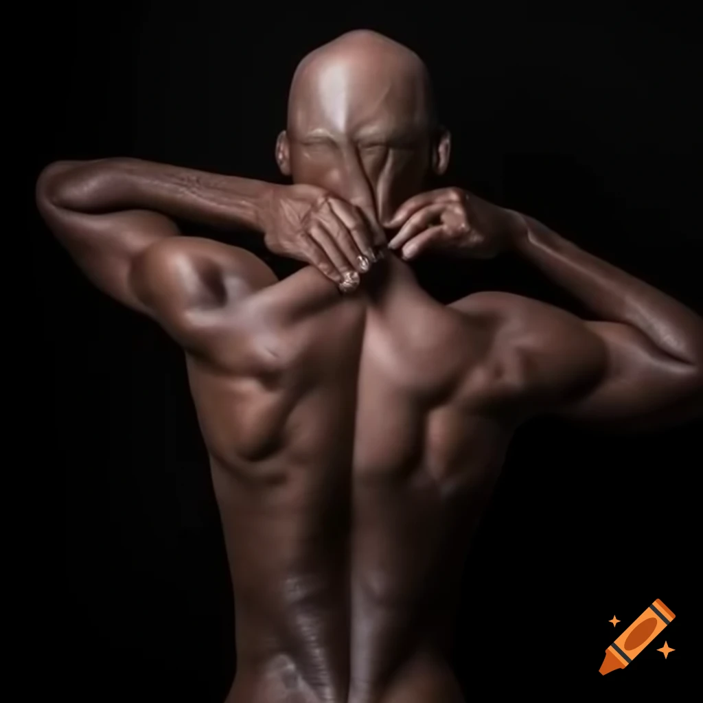 Bald figure showing strength and muscle definition from behind