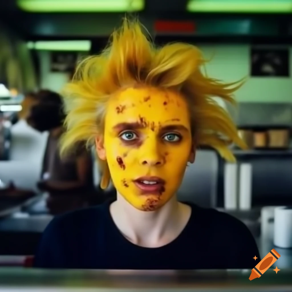 Person with faded blonde hair working in a diner