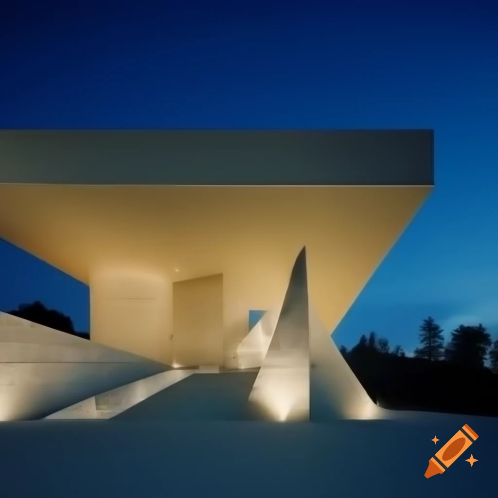 Regal Greek embassy in Puebla with Doric columns and glowing stone under modern silhouettes