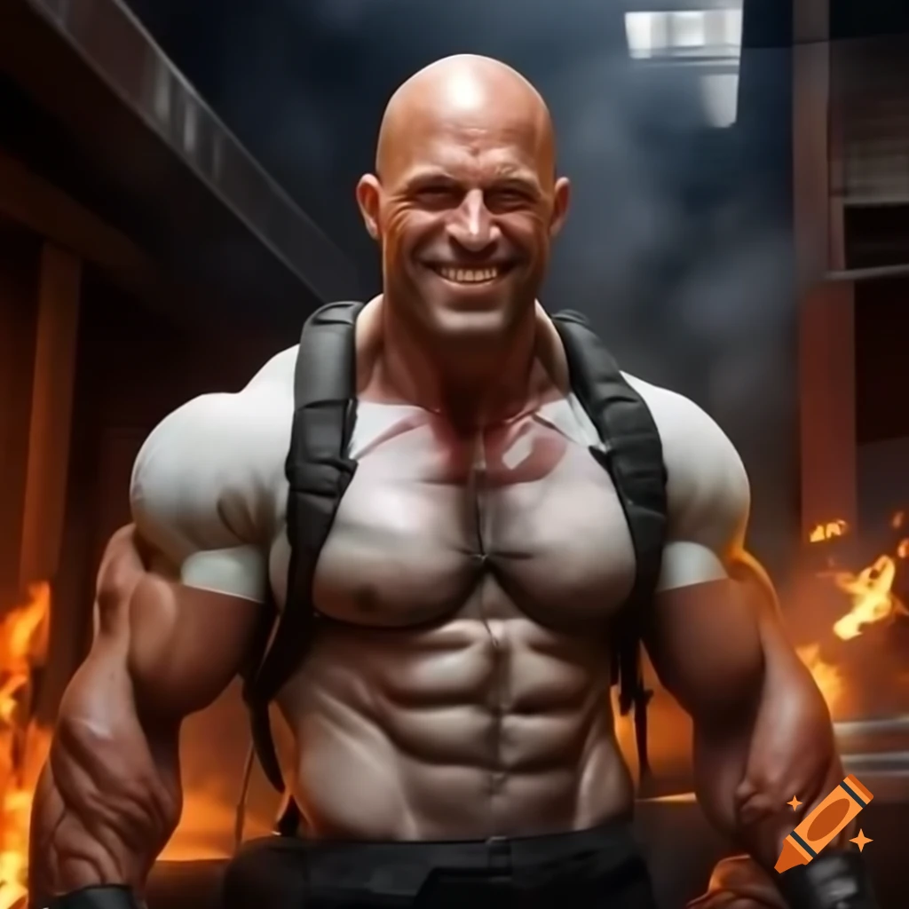 Muscular bald firefighter spraying water on flames with a friendly smile