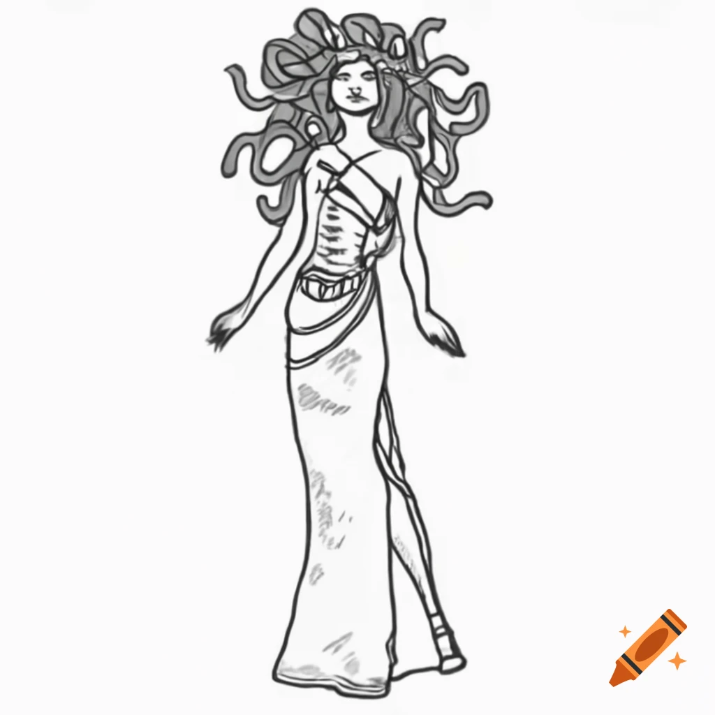 Medusa-inspired Barbie coloring page in tattered gown, line art