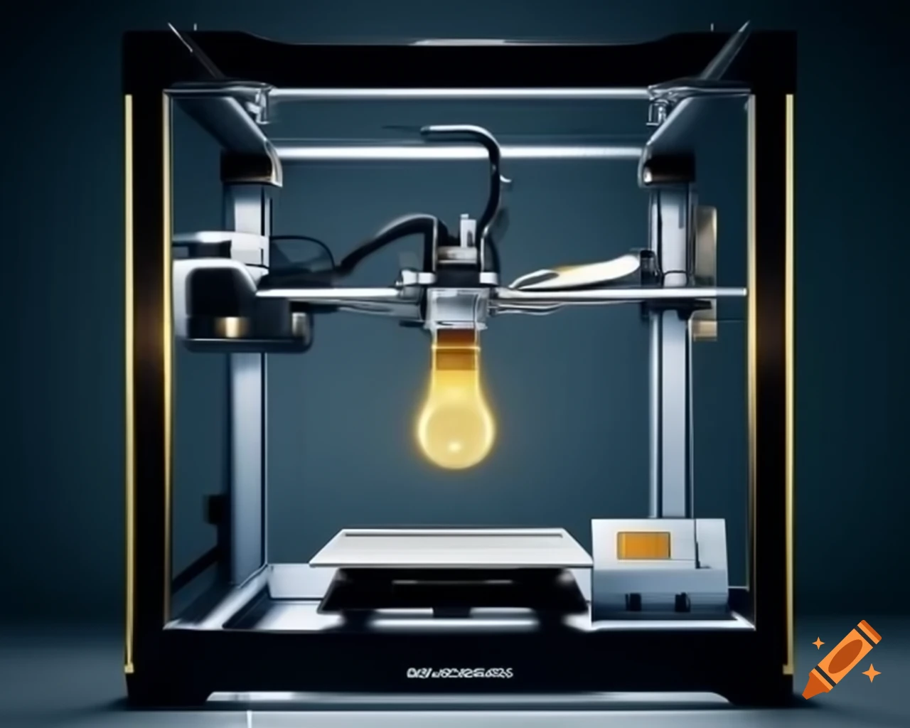 3D printer with aluminum frame and heated print bed featuring a gold bar