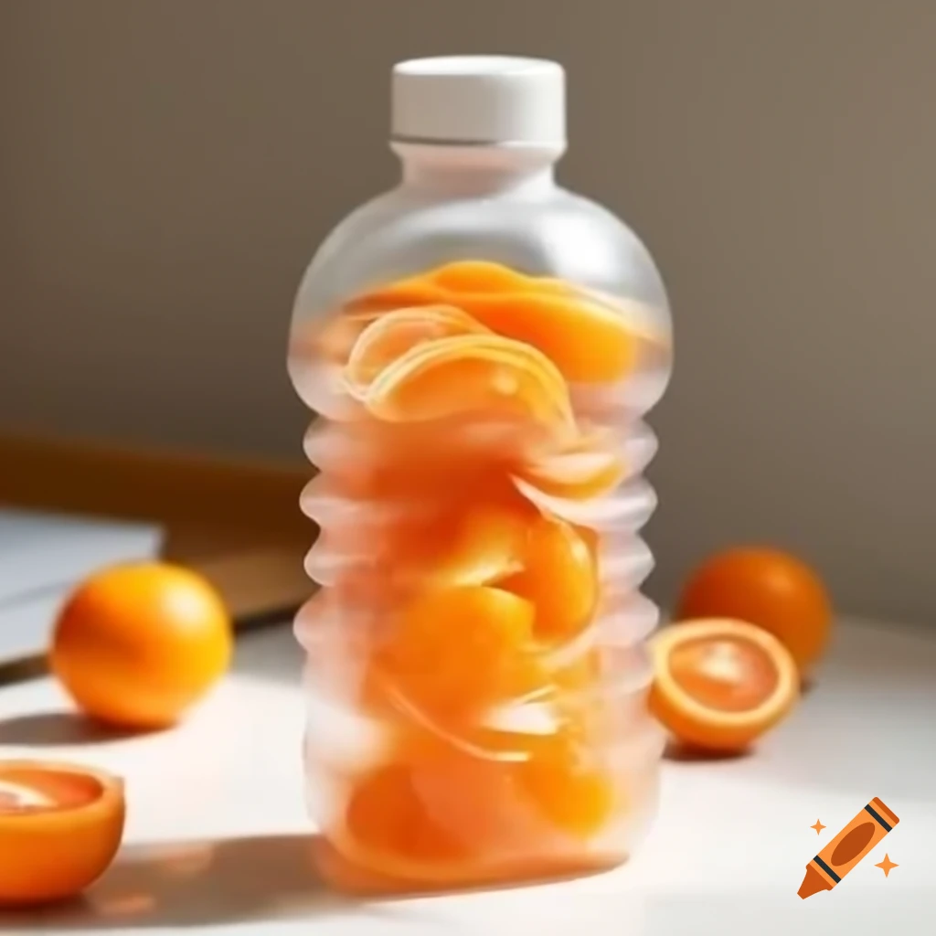 Crushed plastic water bottle containing mandarin oranges