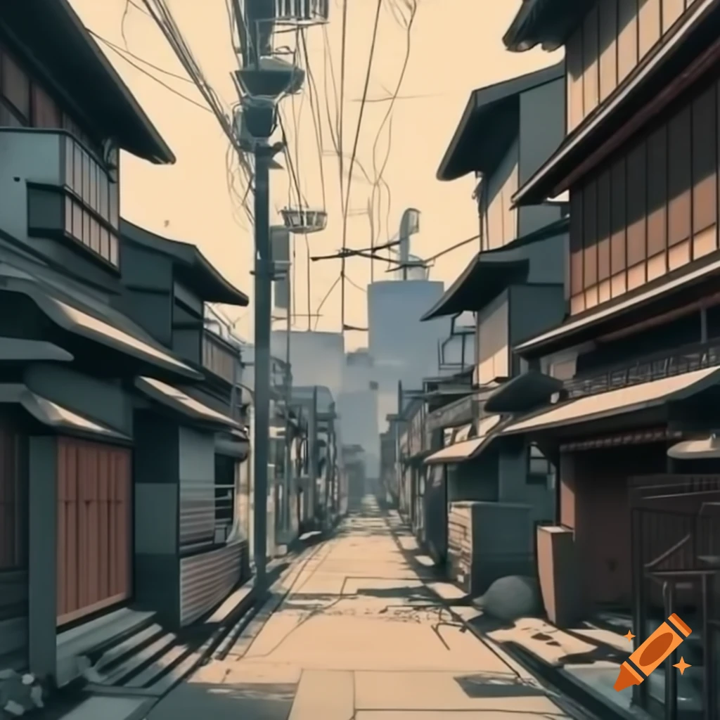 Japanese buildings illustrated in traditional ink style