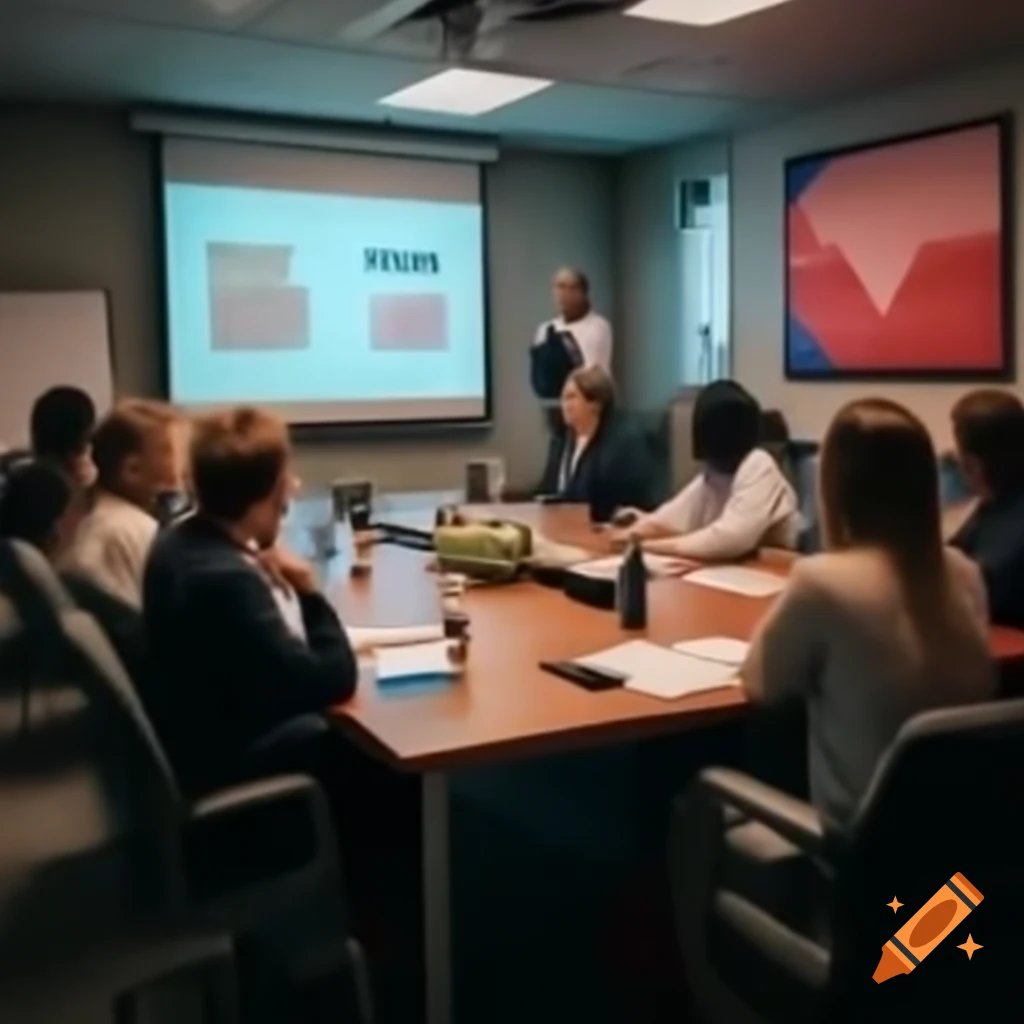 Group of adults participating in English communication class with teacher and USA flag