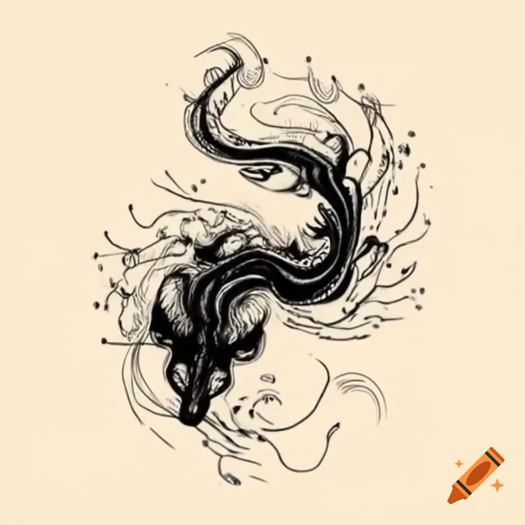 Ink wash painting of a black creature blending ethereal and natural elements in Japanese style
