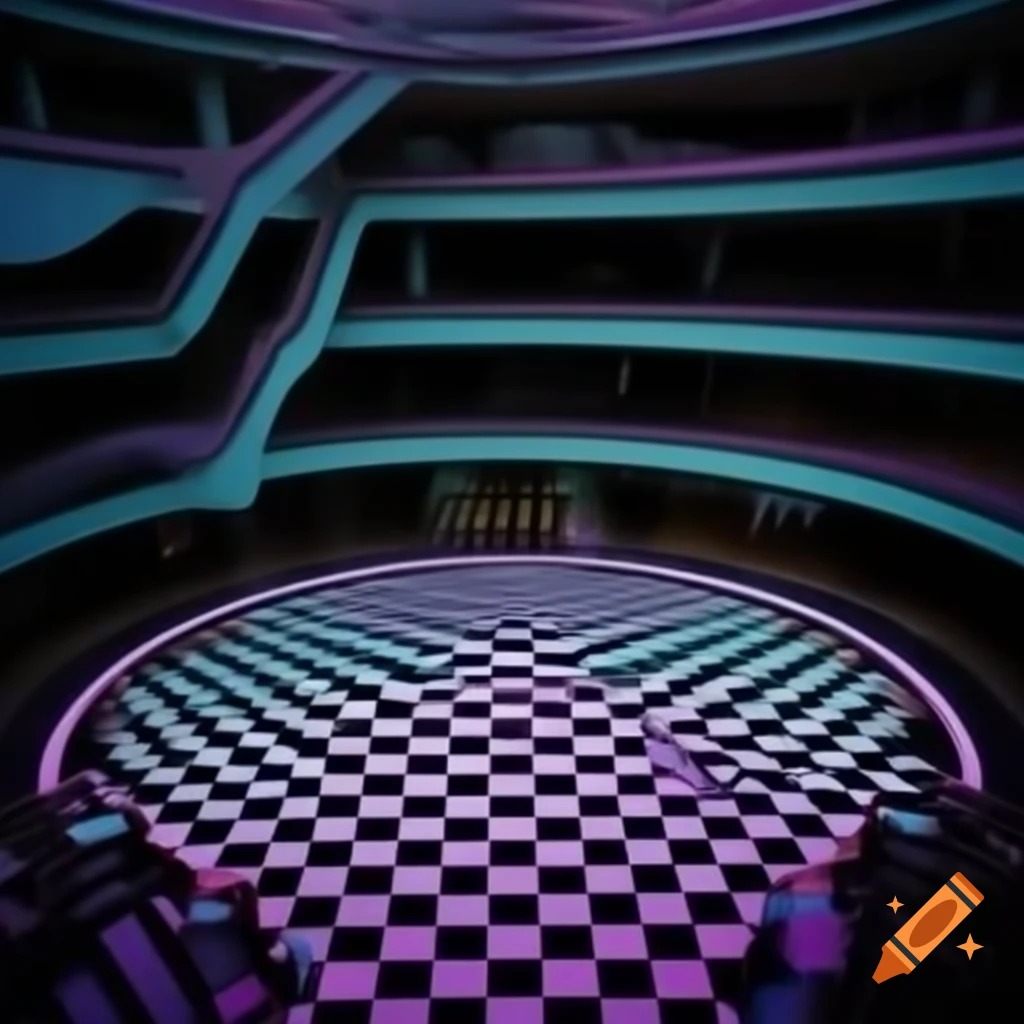 Circular vaporwave mall atrium with checkerboard floor design