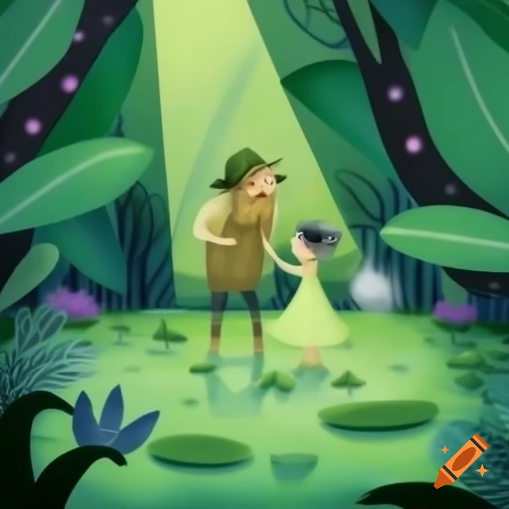 Water man and forest fairy in a whimsical scene