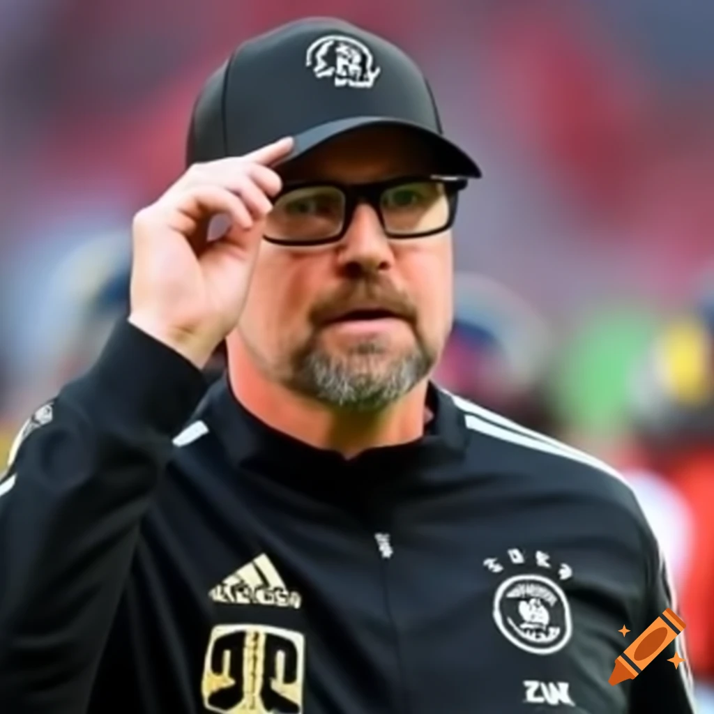 German football coach in cap and glasses giving instructions to team