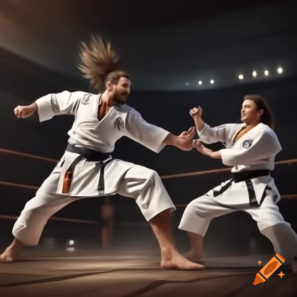 Wrestlers in traditional karate gis clashing in an explosive battle