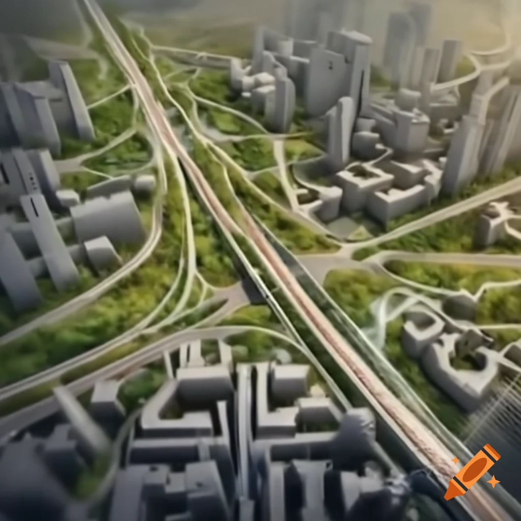 Meticulously planned urban landscape with roads, walkways, and greenspaces