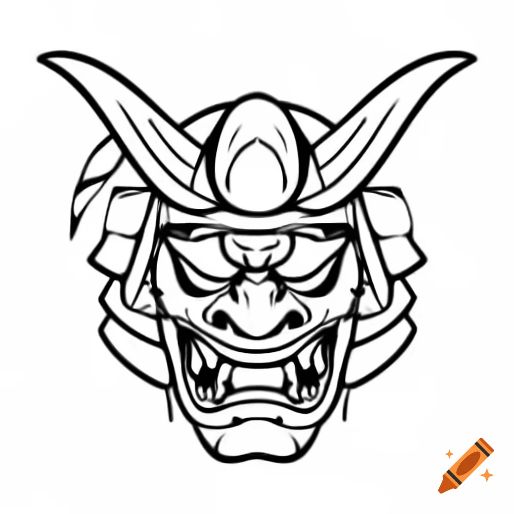 Japanese style tattoo of a samurai mask, black and white line drawing