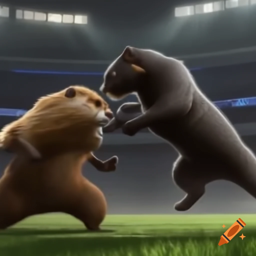 Black cat versus beaver in a stadium fight