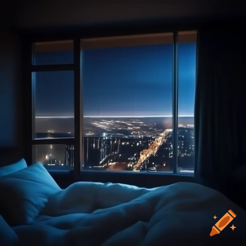 Night city view from large bedroom window in high definition
