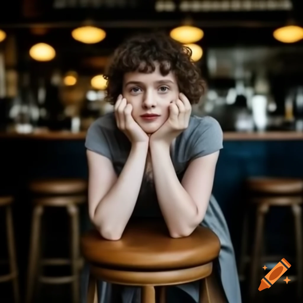 Laura Janssen with curly brown hair sitting on barstool in pub