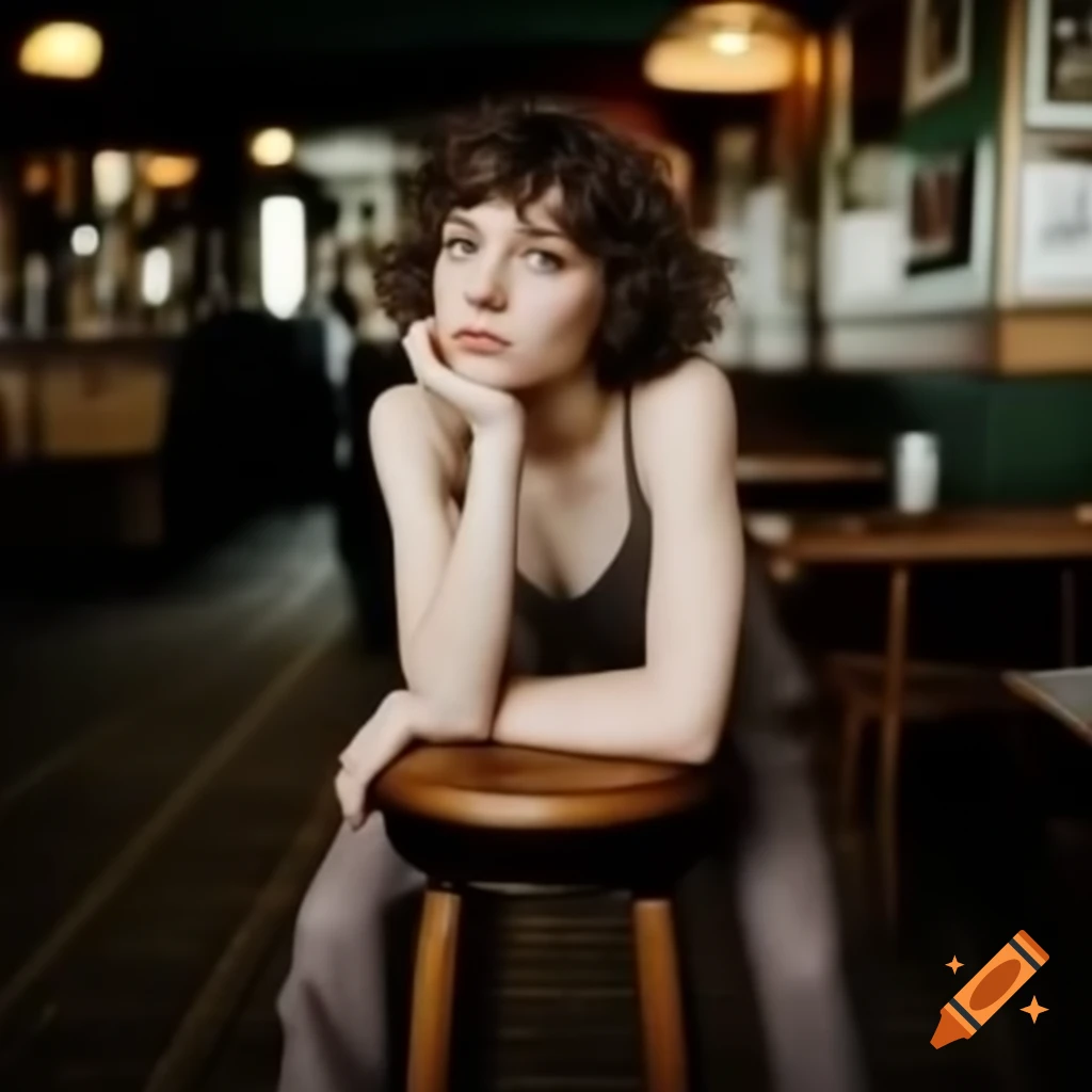 Laura Janssen with curly brown hair sitting on barstool in pub
