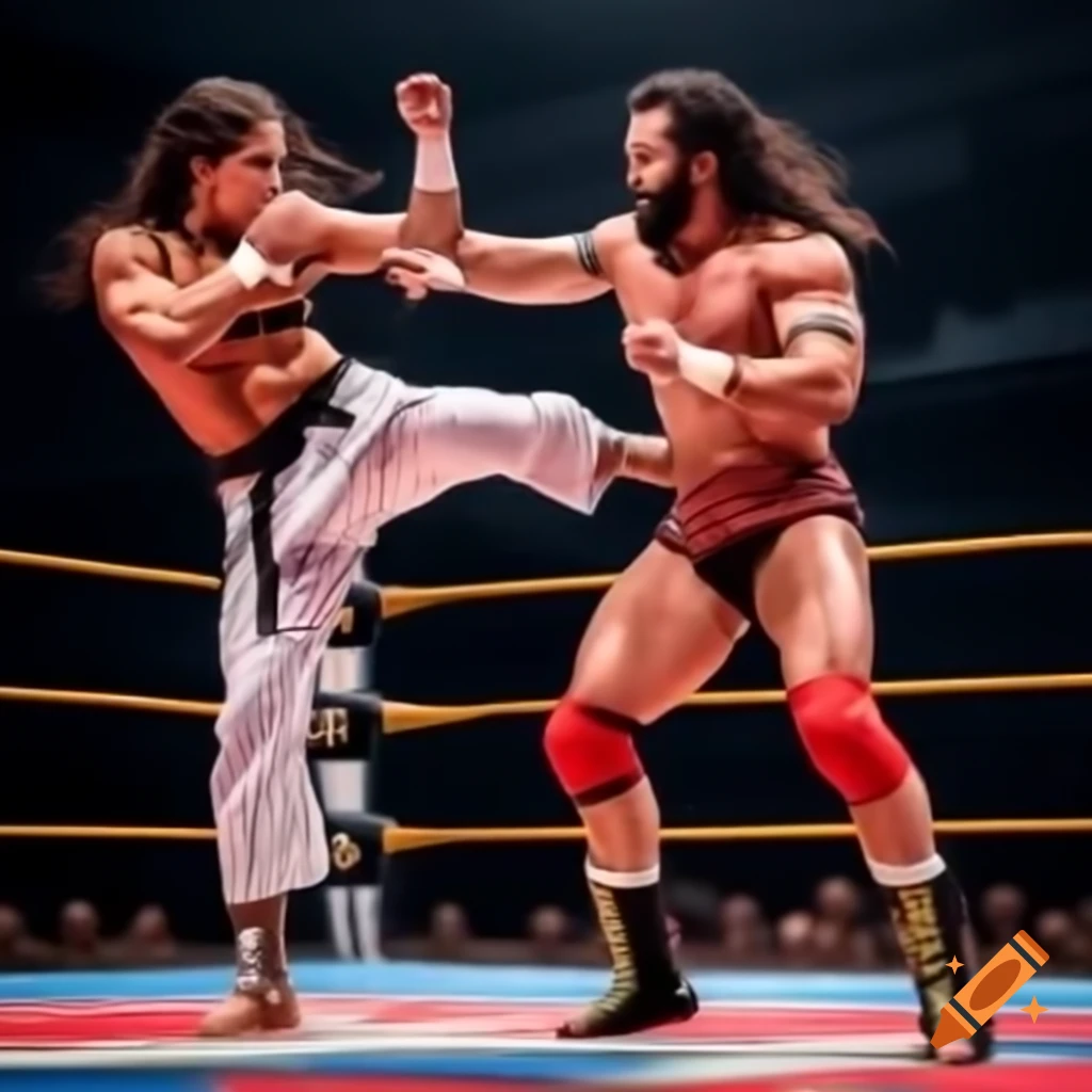 Karate fighters facing off against wrestler in spectacular ring match