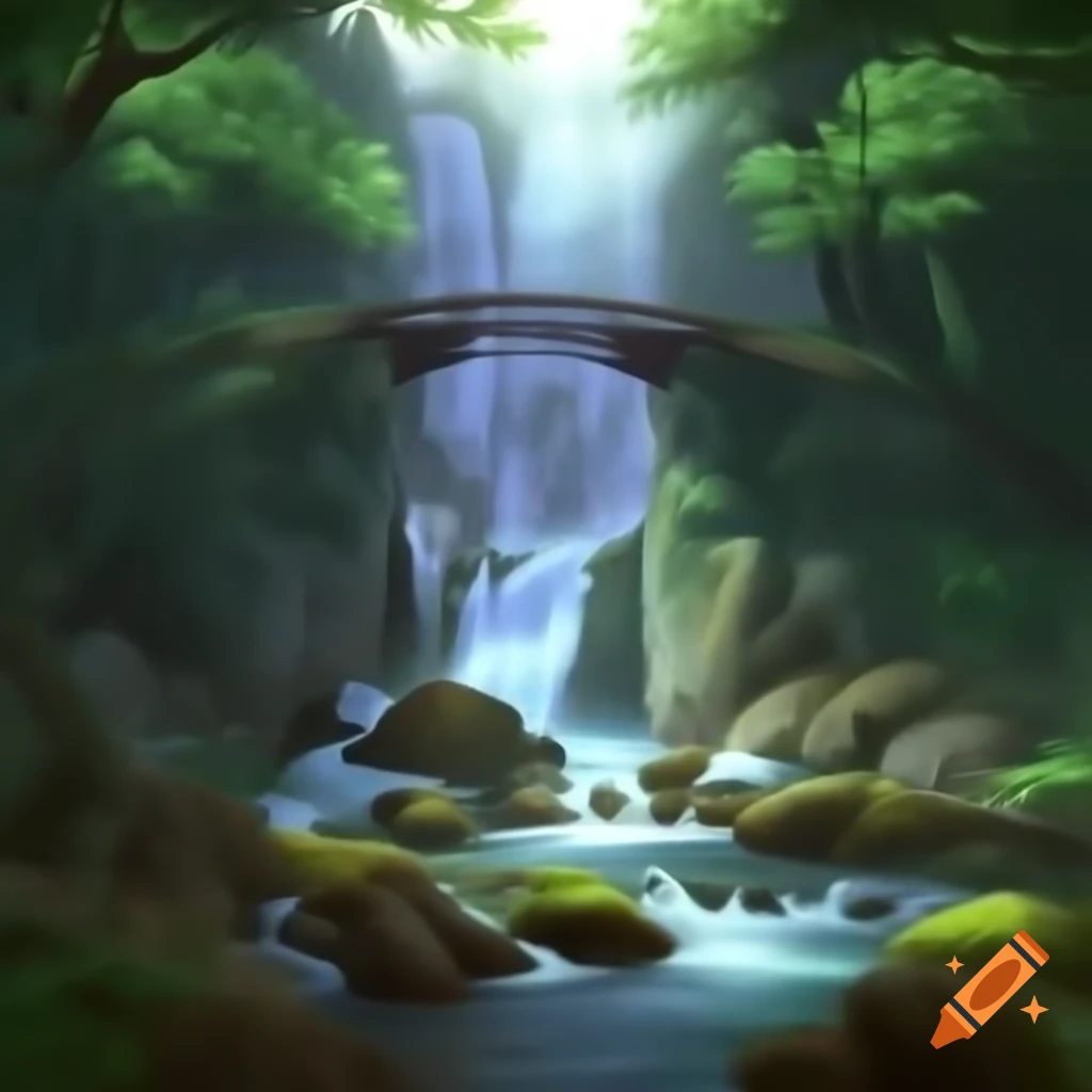 Waterfall cascading into mythical forest with moss-covered rocks and bridge
