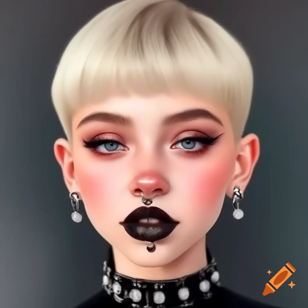 Girl with short blonde hair, goth accessories including nose and lip piercings, and studded collar