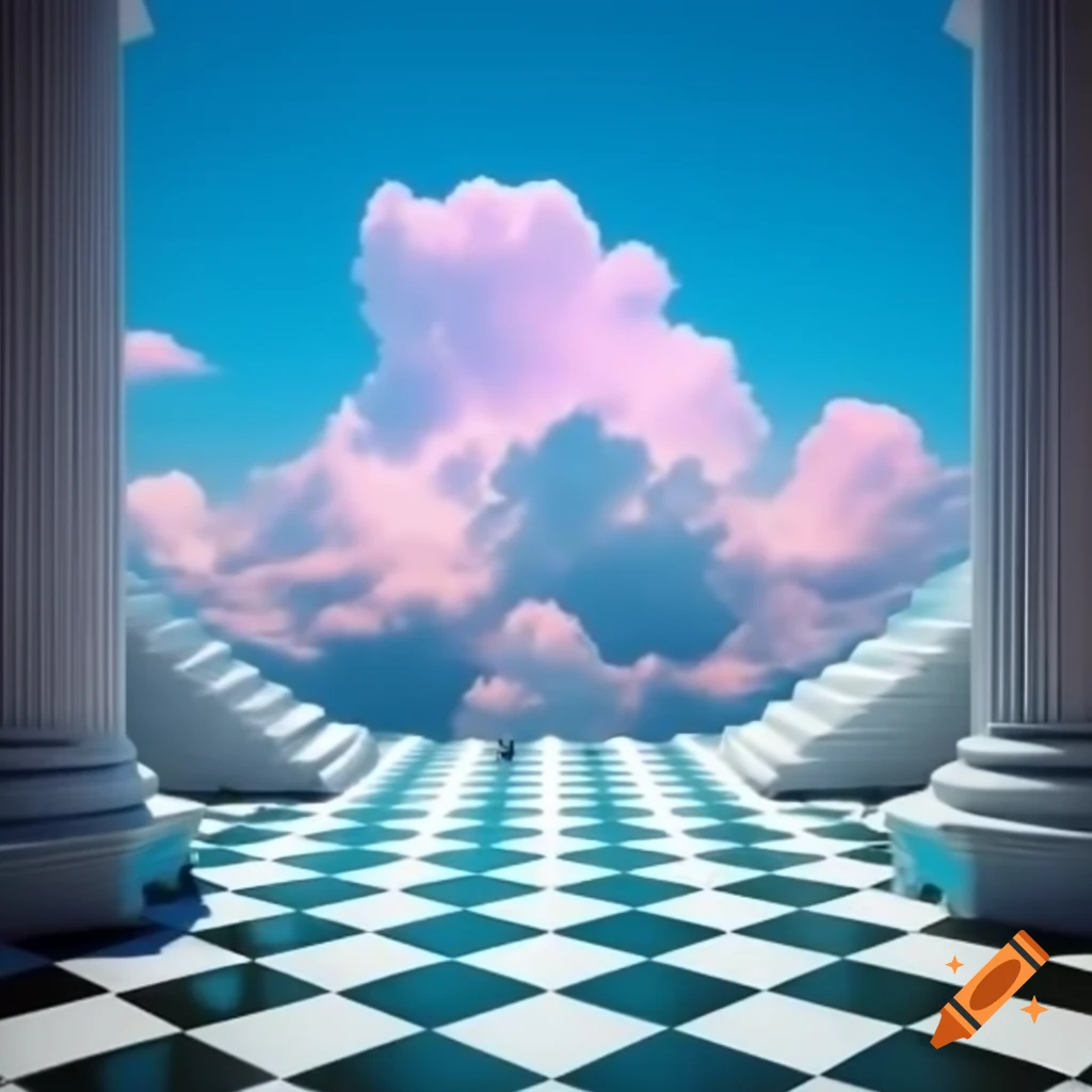 Vaporwave scene with Greek stairs, clouds, and chess pieces