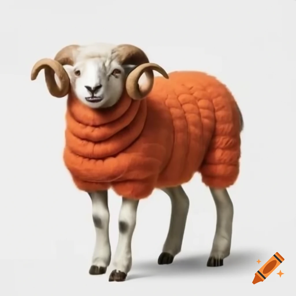 White merino sheep with brown curling horns wearing colorful knitted jumper