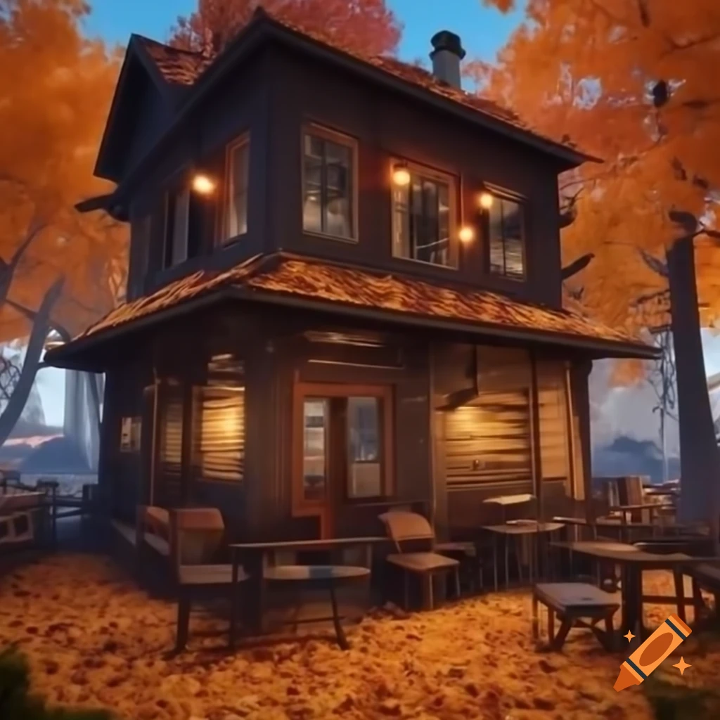 Cozy café in small town with fall leaves, created in Unreal Engine 5