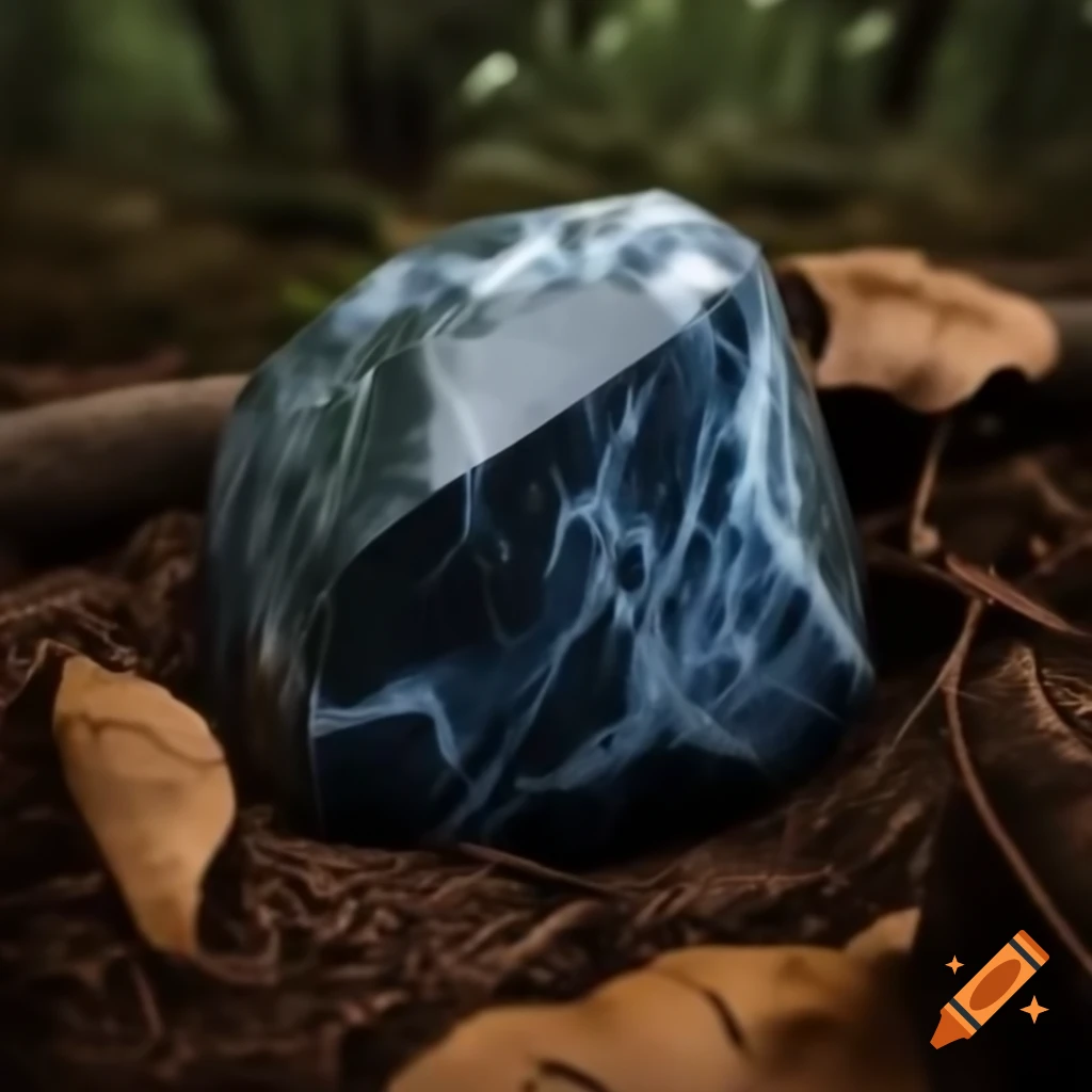 Mysterious dark blue and black rock in forest, partially hidden by leaves