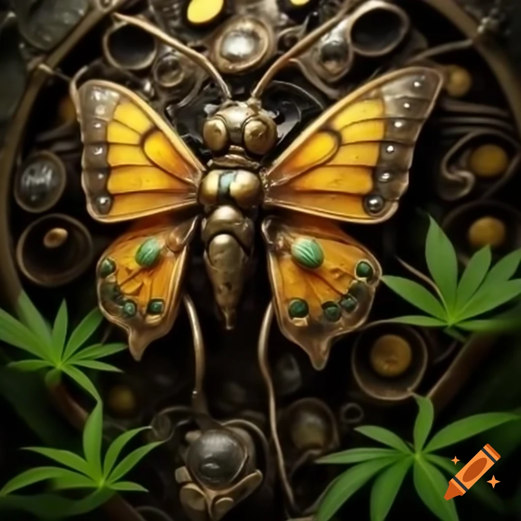 Steampunk butterfly insect with armored corn and mechanical cannabis elements