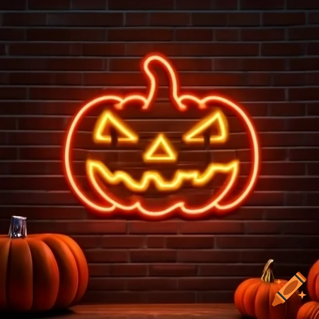 Neon pumpkin design on a brick wall