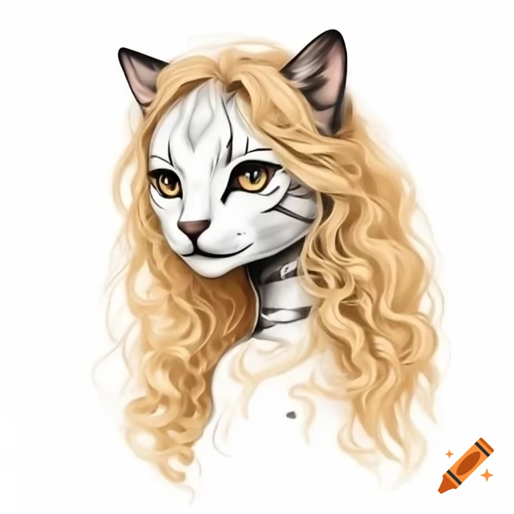 Human-like feline with long blonde curly hair