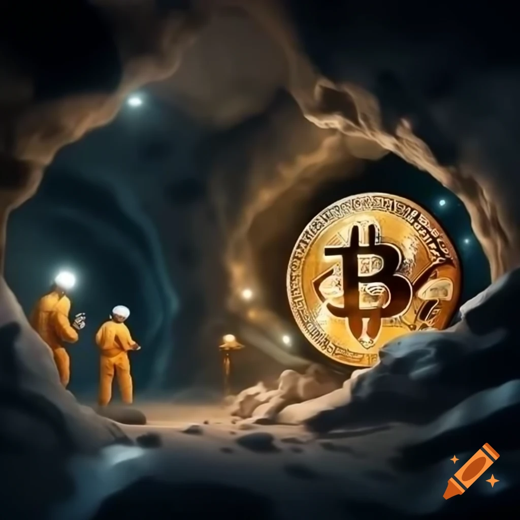 Miners working in a cave setting for Bitcoin mining on Craiyon