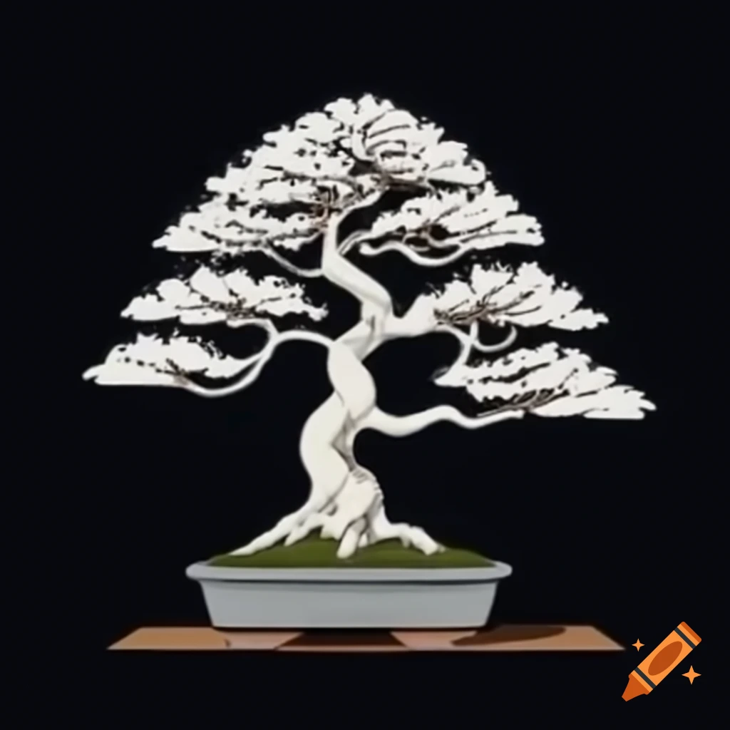 White bonsai drawing in pot on dark background