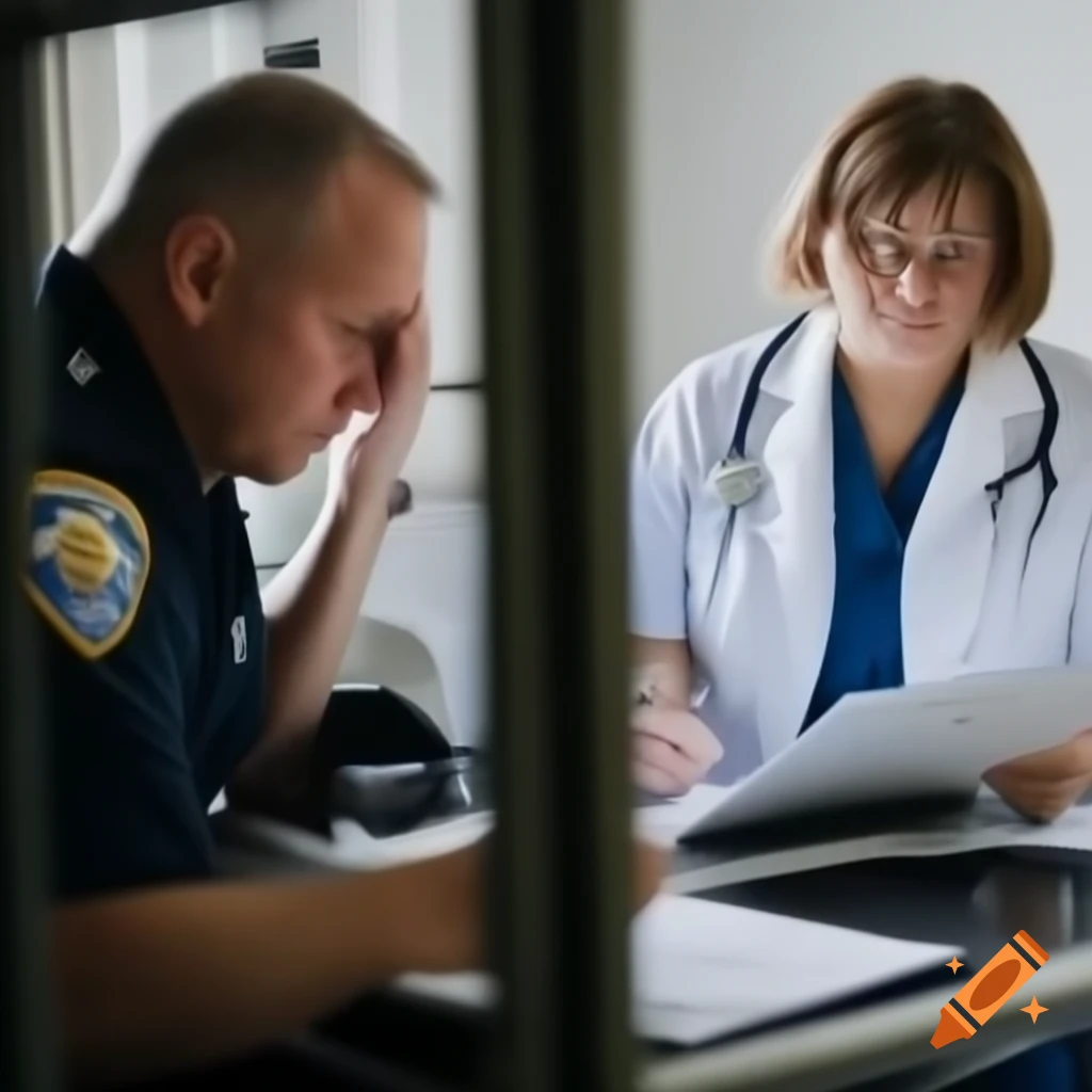 Nurse and police officer collaborating over patient with depression