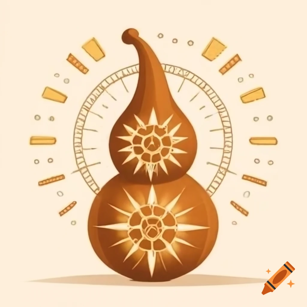 Hand-carved gourd resembling celestial dome with sun symbols
