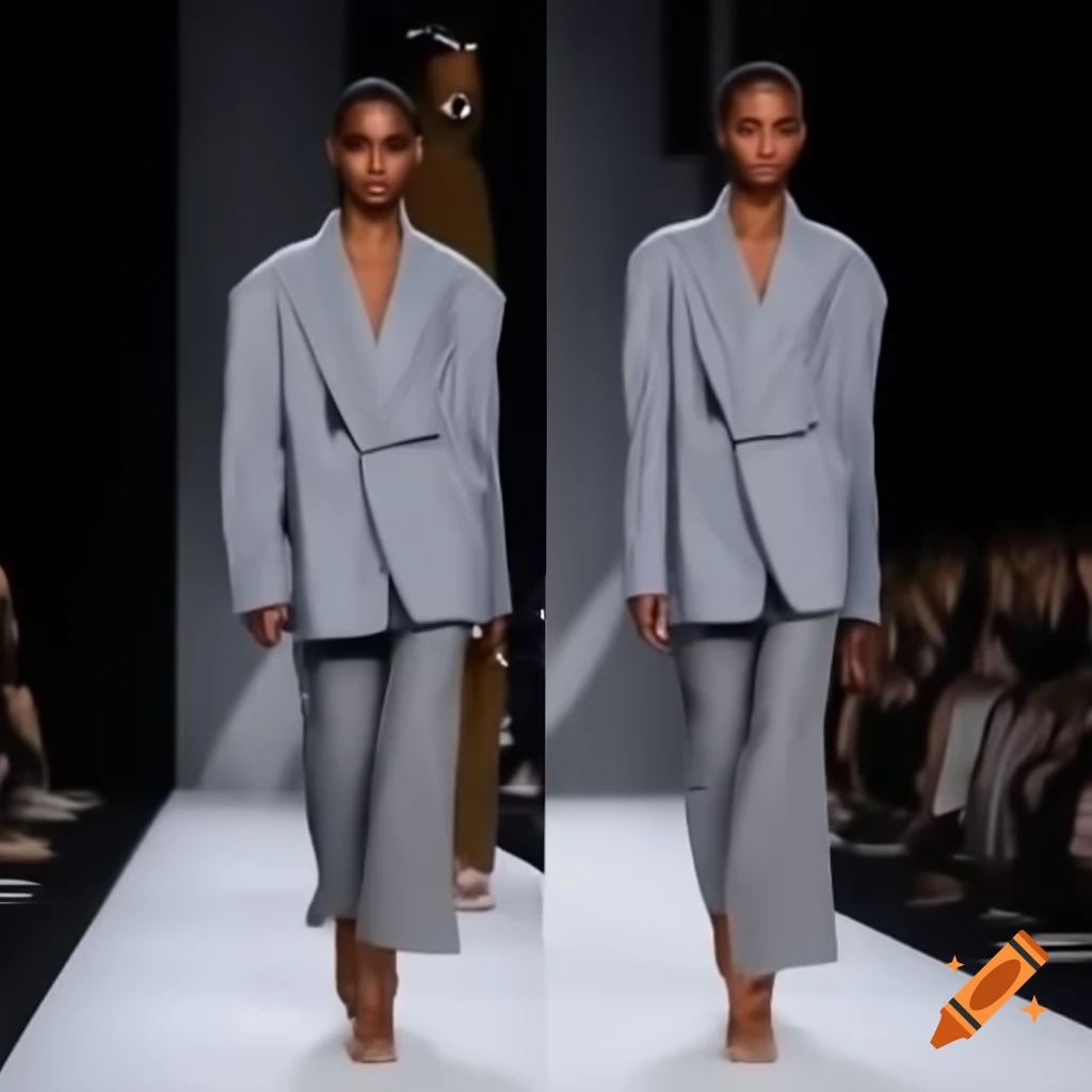 Chic grey oversized blazer and matching pants on model at runway