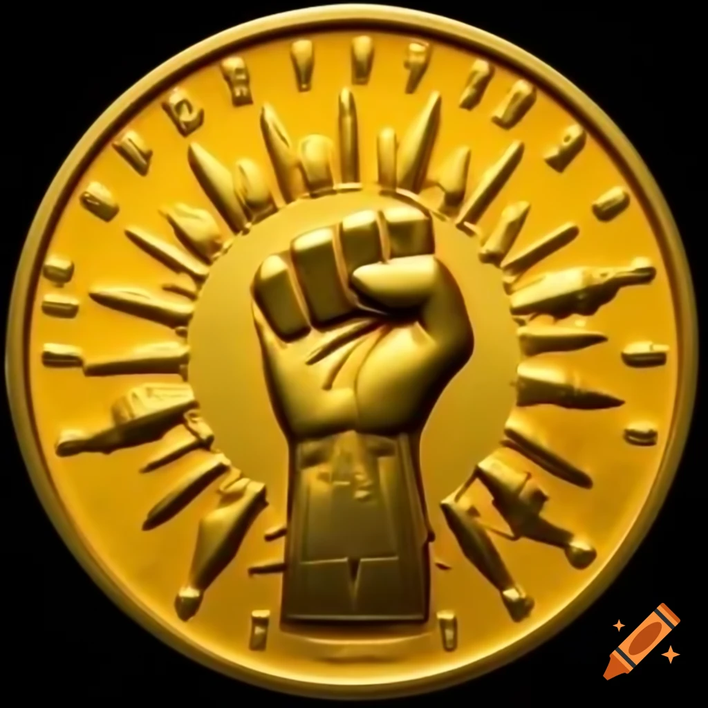 Gold coin featuring sun and fist design on Craiyon