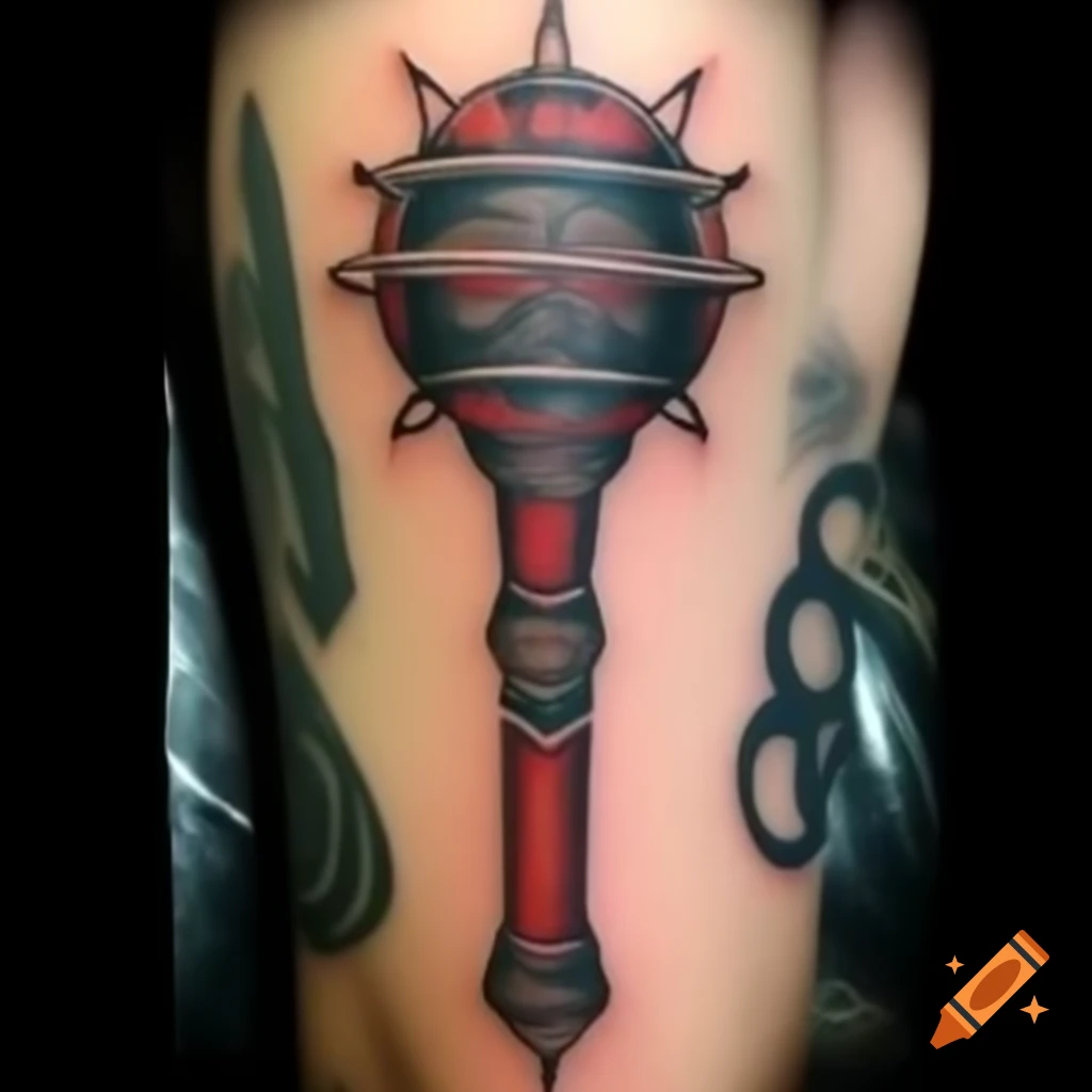 American traditional style tattoo of a mace with round head and spikes